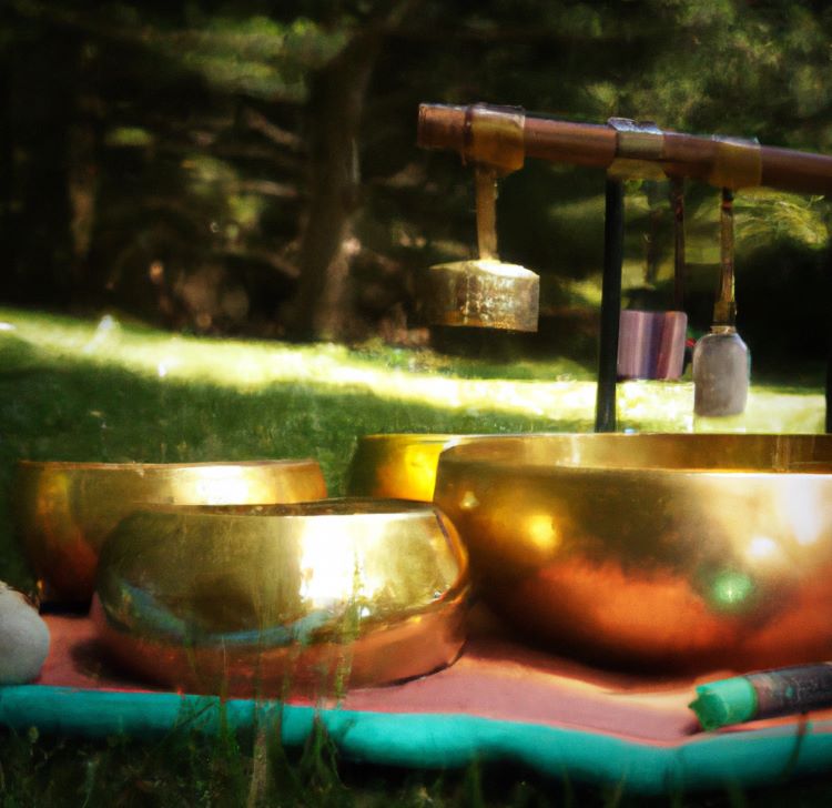 a photo of sound healing instruments including crystal bowls, tibetan bowls, gongs and chimes on a natural and peaceful background